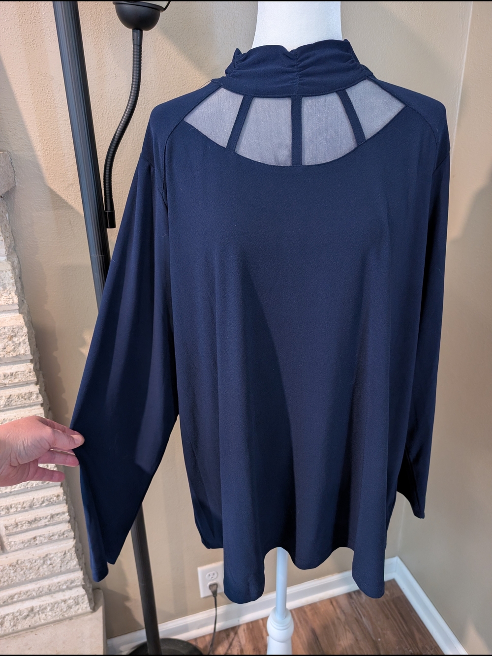 Susan Graver Navy Blue Long-Sleeve Top with Mesh Yoke